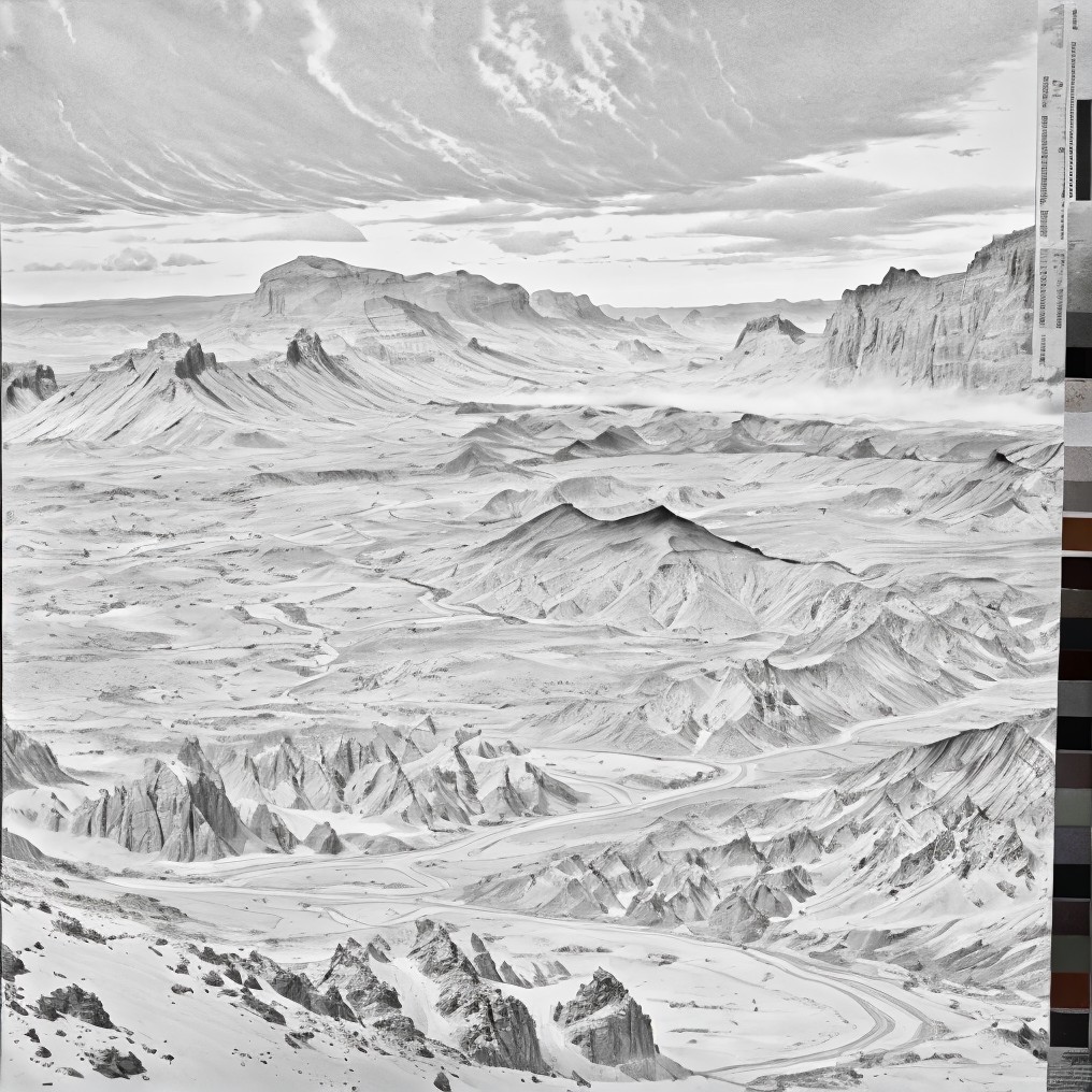 Dramatic Black-and-White Mountain Landscape Description