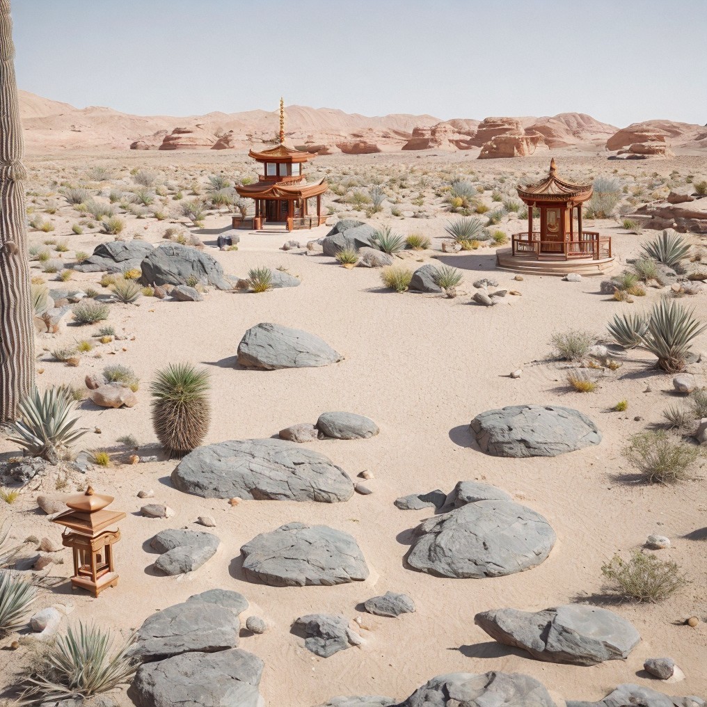 Serene Desert Landscape with Pagodas and Mountains