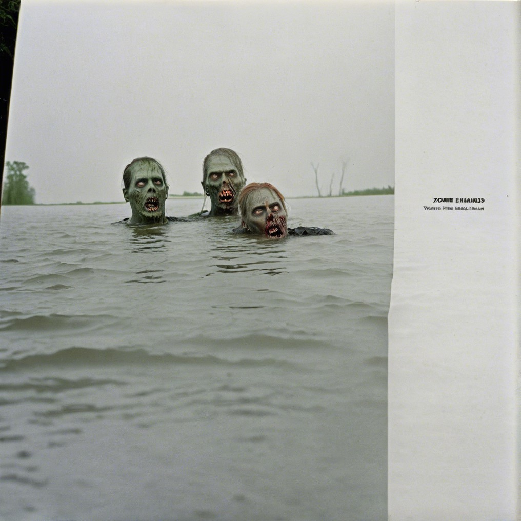 Zombie Figures Emerge from Murky Water in Gloomy Setting