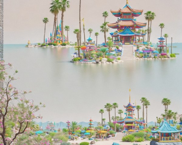 Vibrant Pagodas in a Serene Landscape with Water Reflections