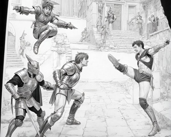 Knights Confront Young Warrior in Medieval Town Scene