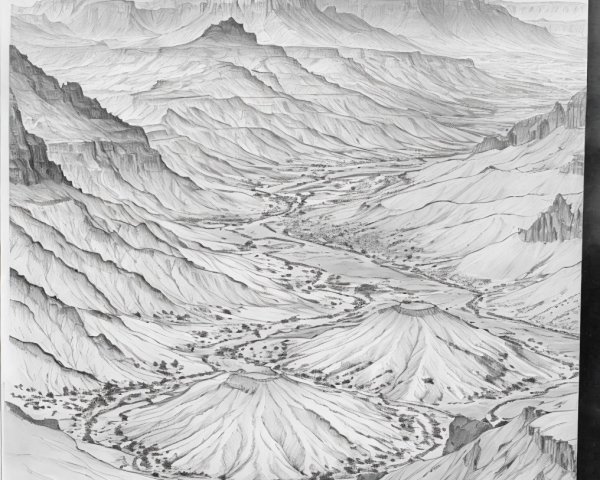 Intricate Landscape with Layered Mountains and Valleys