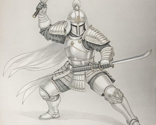 Fierce Warrior in Silver Armor with Two Swords