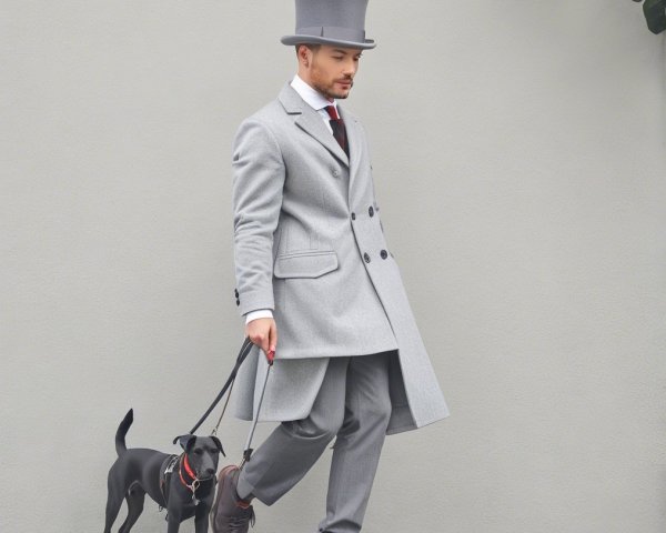Stylish Man in Grey Coat with Leashed Black Dog