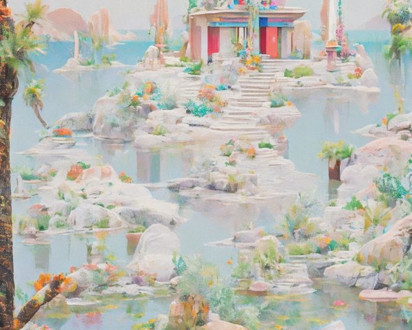 Serene Landscape with Temple and Tranquil Waters