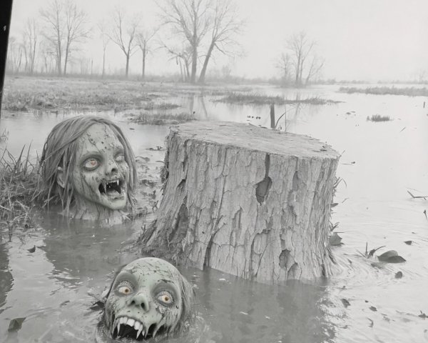 Eerie Zombie Heads in Foggy Landscape with Stump