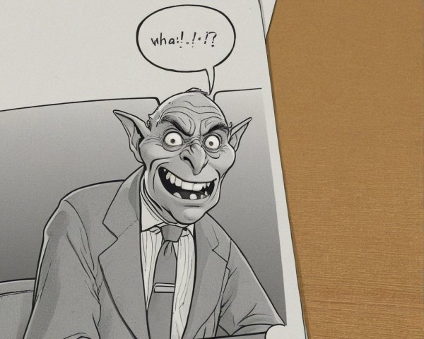 Cartoon Goblin Character in Formal Suit at Desk