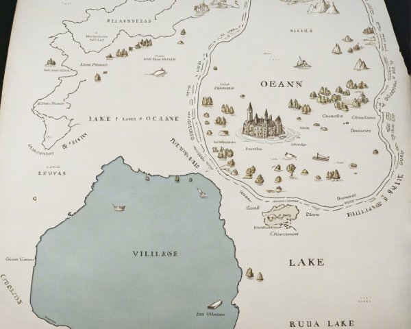 Illustrated Map with Lakes, Villages, and Hills