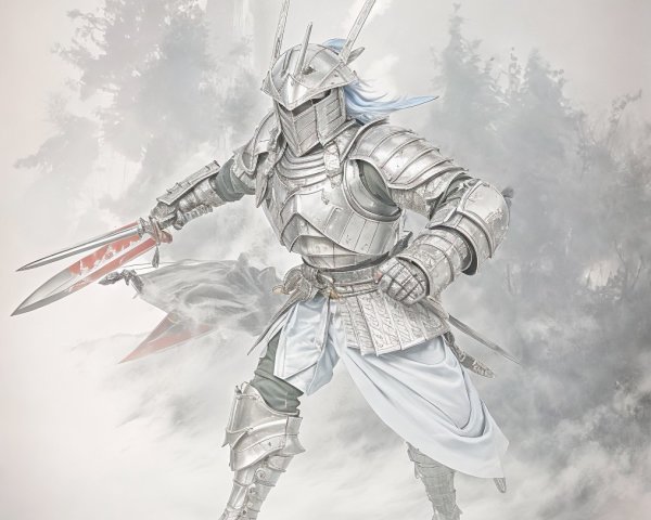 Fierce warrior in silver armor with dual swords