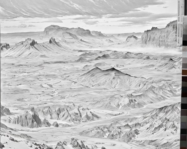 Dramatic Black-and-White Mountain Landscape Description