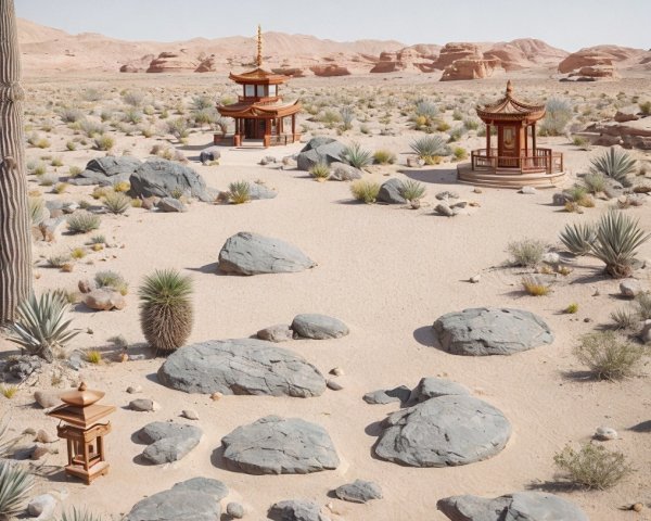 Serene Desert Landscape with Pagodas and Mountains