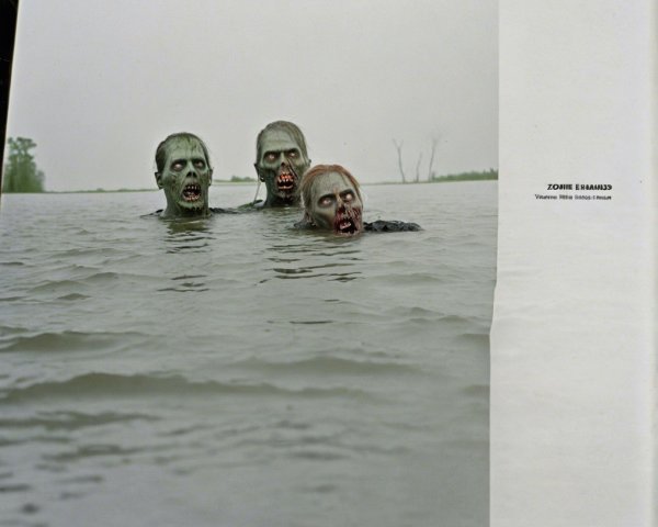 Zombie Figures Emerge from Murky Water in Gloomy Setting