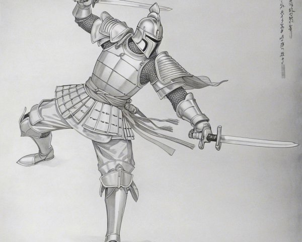 Illustration of a warrior in traditional armor with swords
