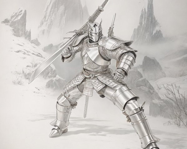 Knight in Shining Armor with Sword in Misty Landscape
