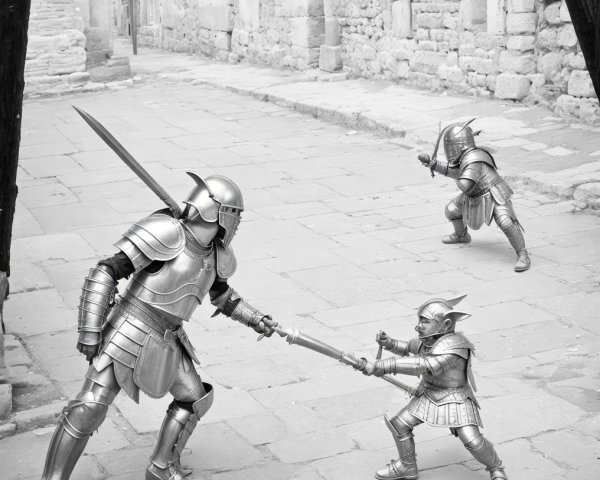 Armored Knights Playful Duel in Historic Alley