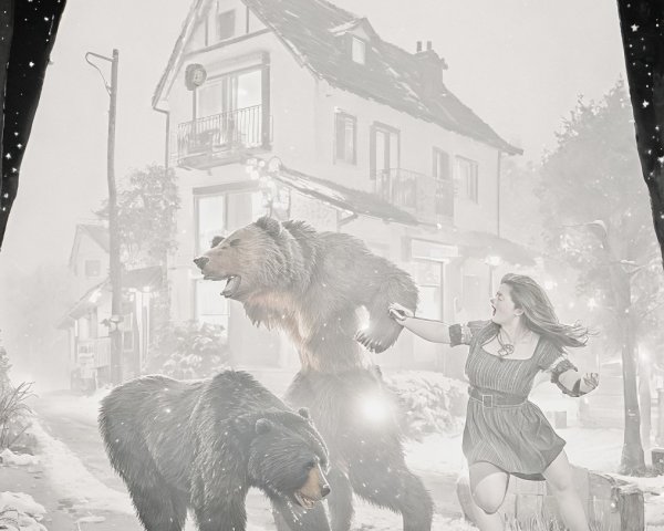 Young woman encounters bears in a snowy scene
