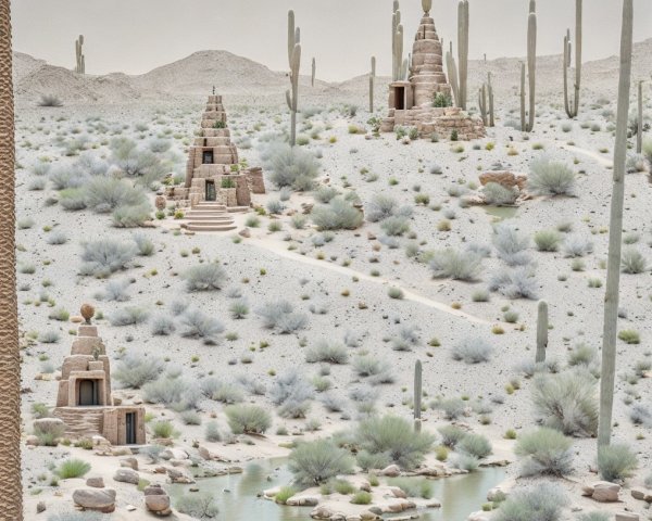 Surreal Desert Landscape with Pyramid Structures and Stream
