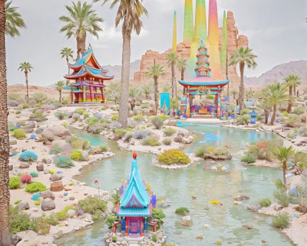 Vibrant Landscape with Pagodas and Rainbow Rock Formations