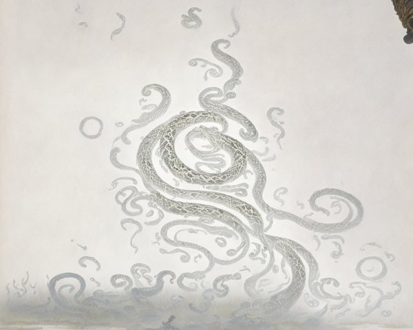 Surreal Scene of Translucent Serpents in Misty Landscape
