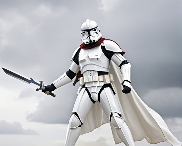 Futuristic warrior in white armor against stormy sky