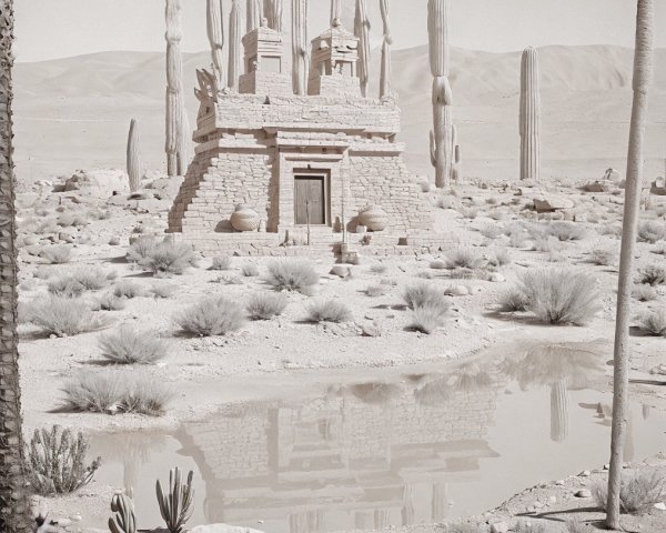 Desert Temple Structure Surrounded by Cacti and Pond