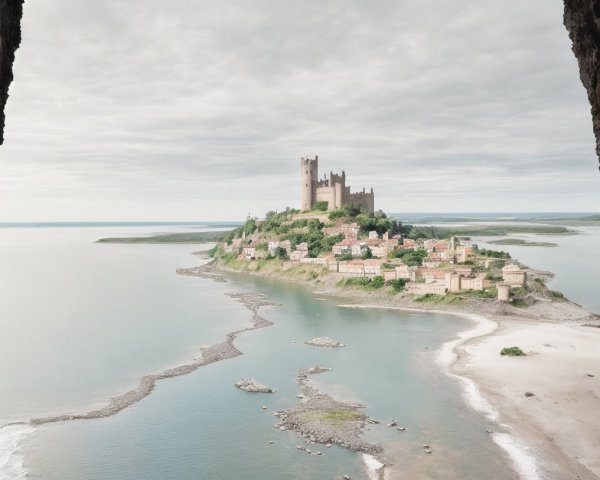 Medieval Castle Overlooking Tranquil Waters and Village