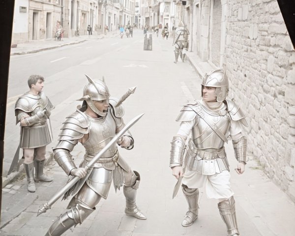 Armored Warriors Duel in Narrow Cobblestone Street