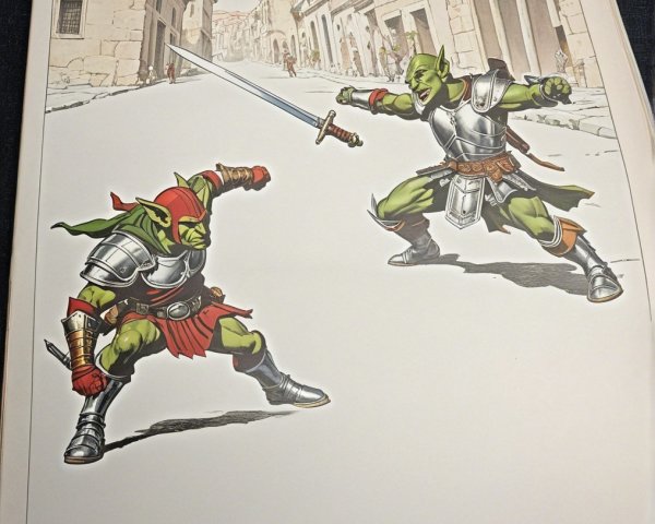 Goblins Duel on Cobblestone Street with Ancient Architecture