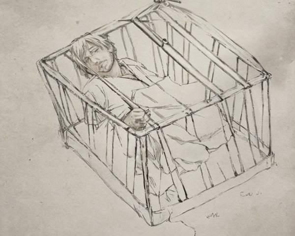 Person in a metal cage reflecting solitude and vulnerability