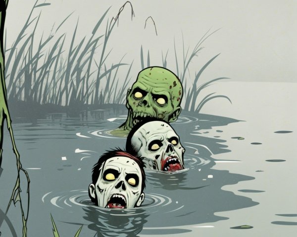 Eerie Zombies Rise from Dark Water in Foggy Landscape