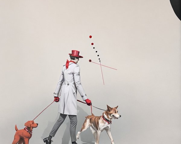 Fashionable figure walking two dogs in minimalist setting