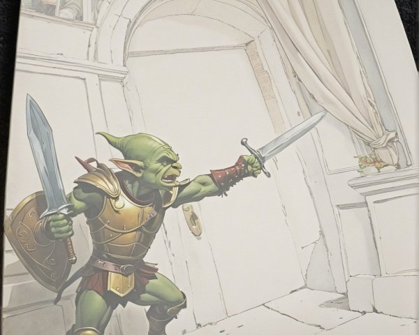 Green Goblin Warrior in Bronze Armor at Open Door