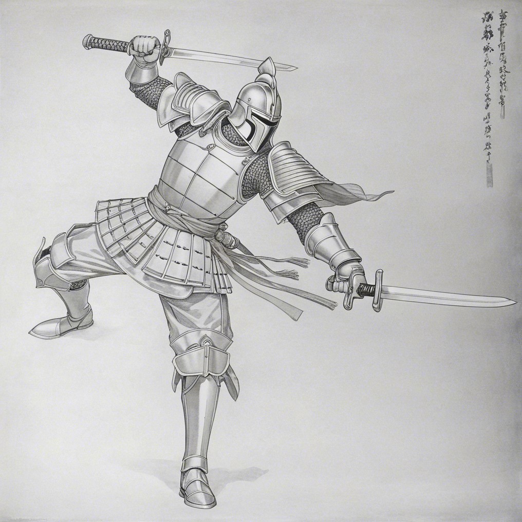 Illustration of a warrior in traditional armor with swords