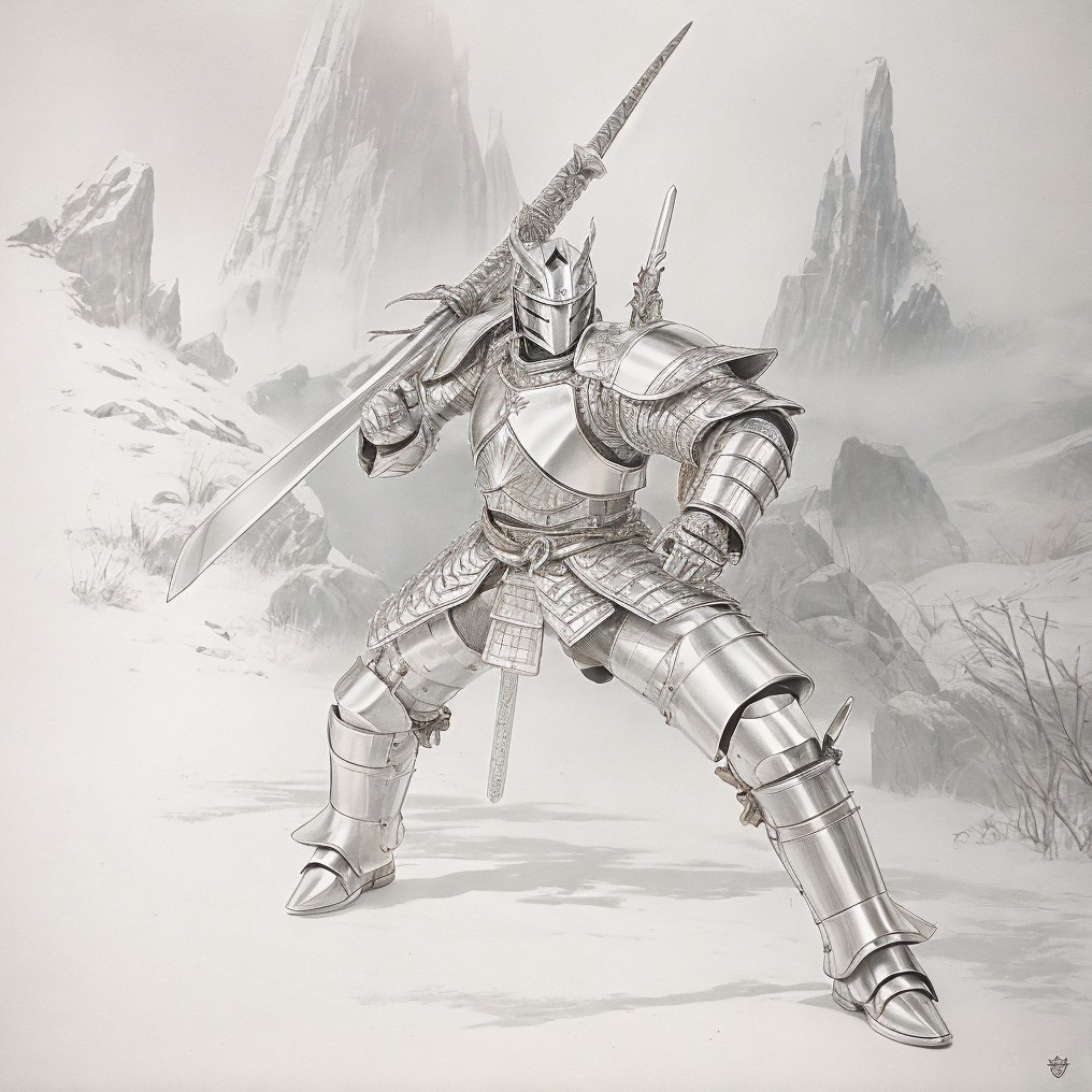 Knight in Shining Armor with Sword in Misty Landscape