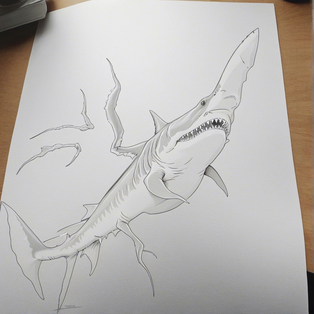 Stylized Shark Illustration with Dynamic Lines and Shapes