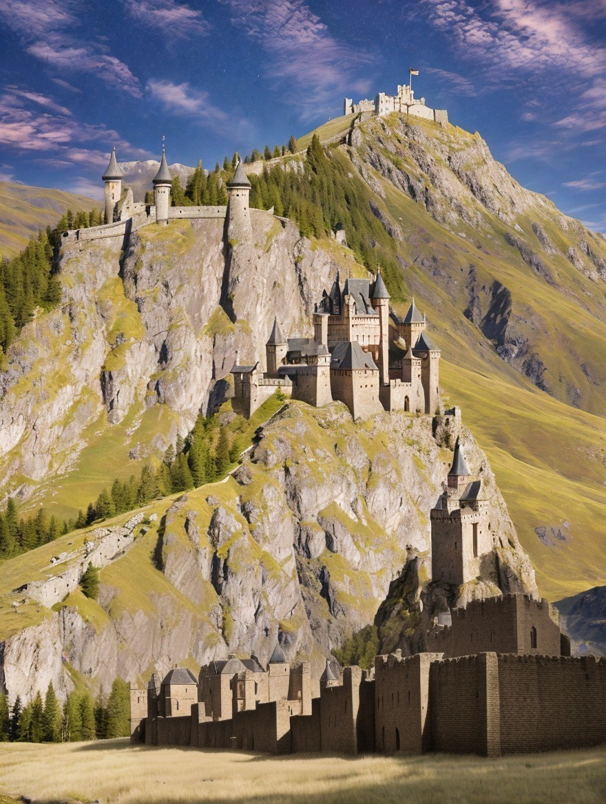 Medieval Castle Complex in Mountainous Landscape