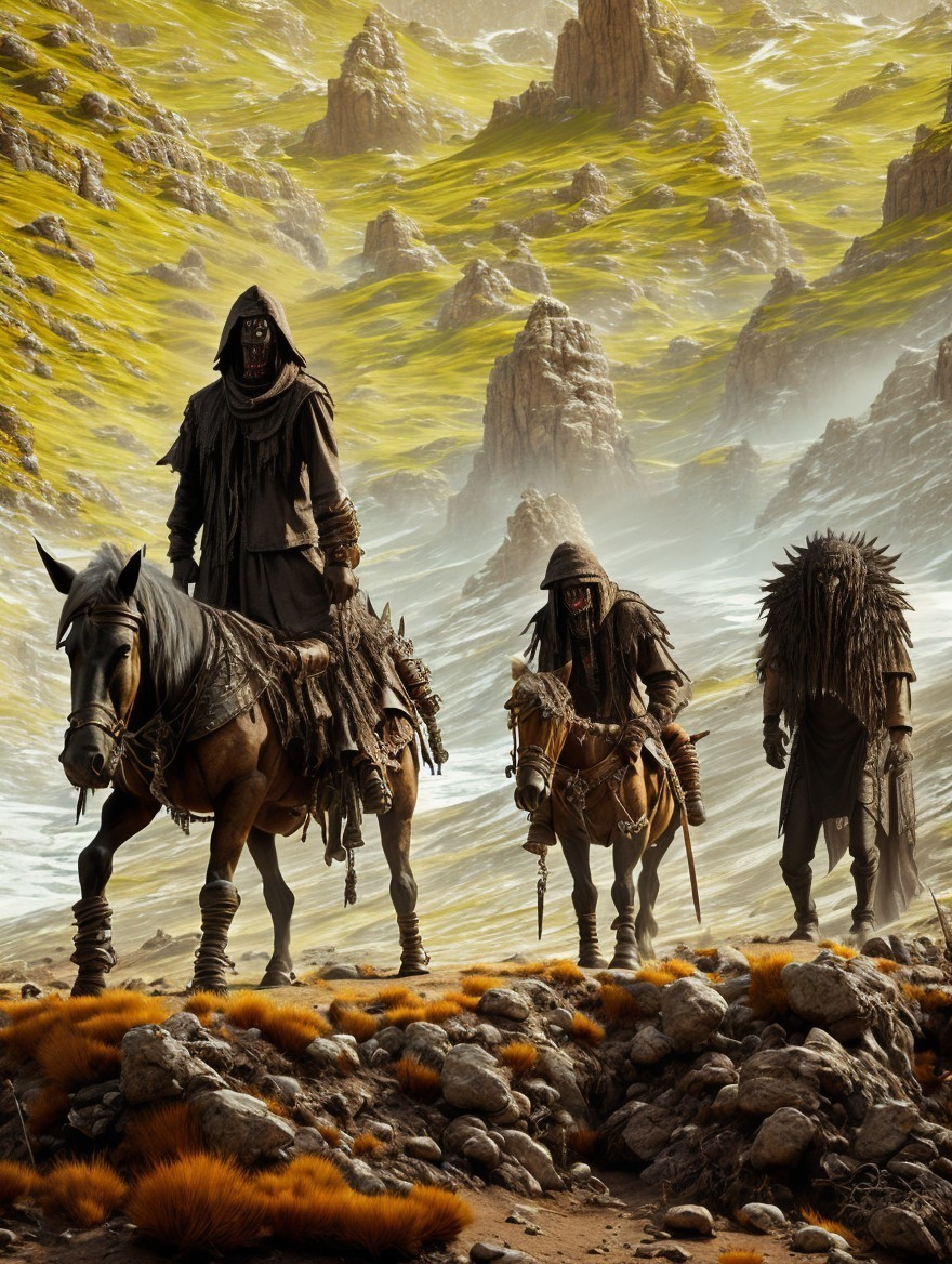 Hooded Figures on Horseback in Misty Mountains