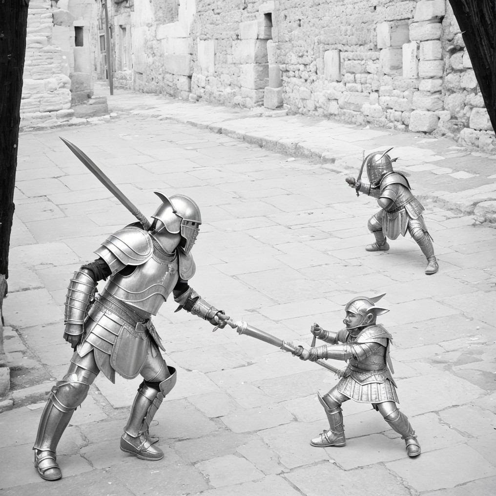 Armored Knights Playful Duel in Historic Alley