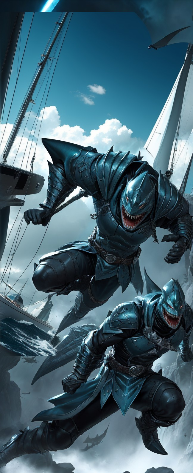 Armored Warriors with Shark Features Emerge from Ocean