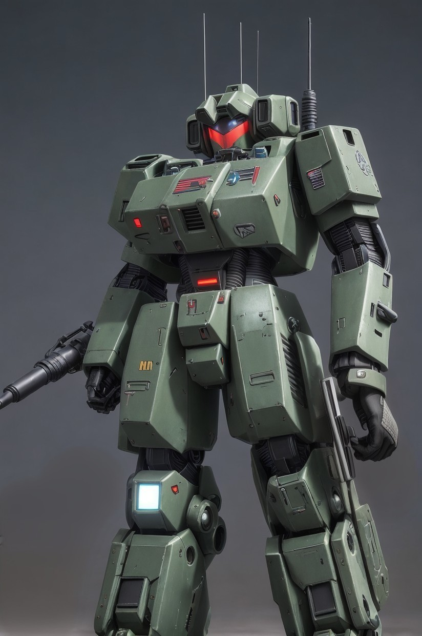 Green Mecha with Armored Design and Weaponry Details
