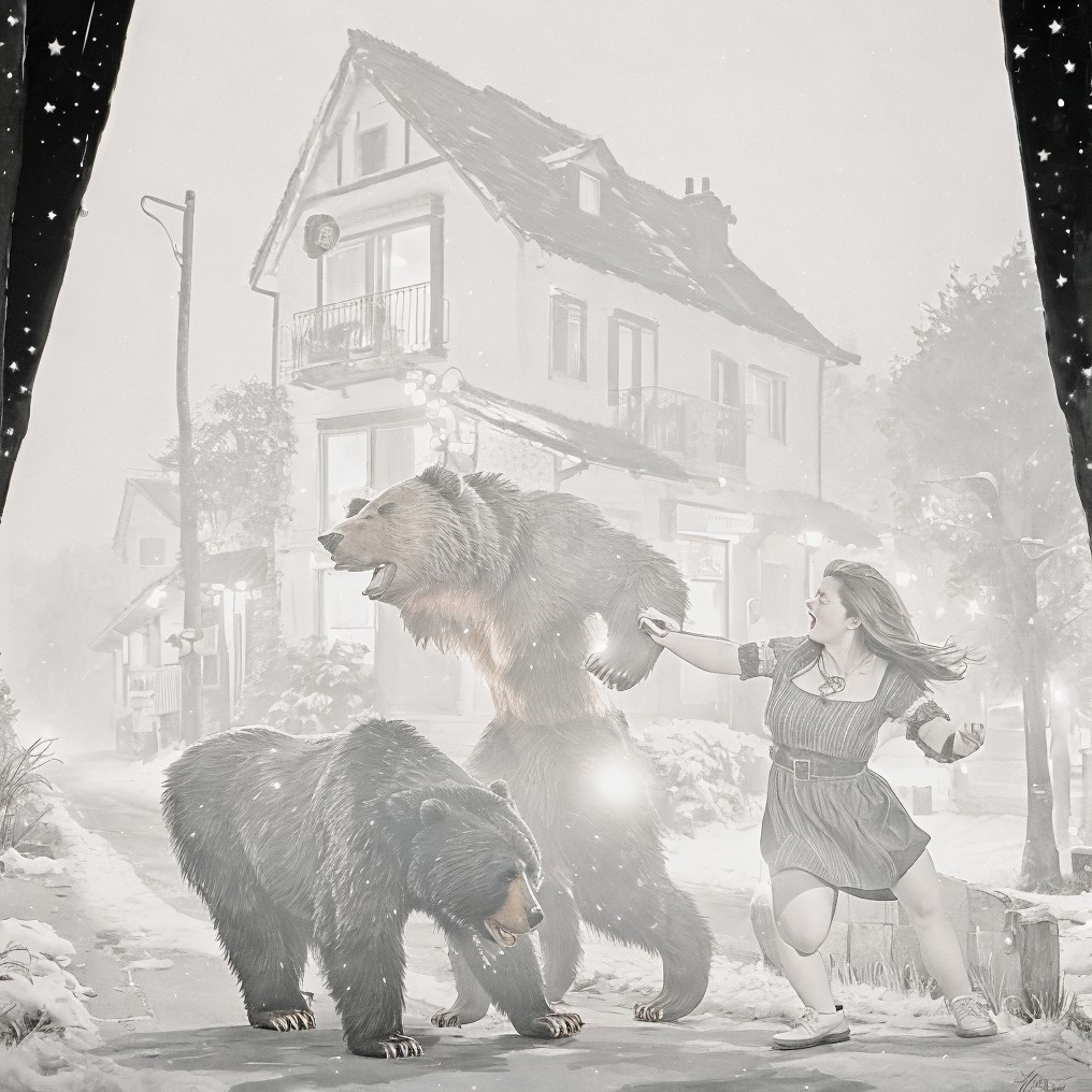 Young woman encounters bears in a snowy scene