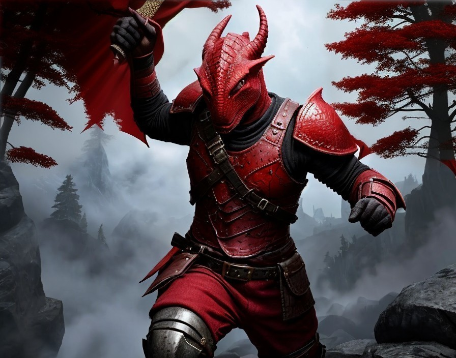 Fierce warrior in red armor in misty landscape