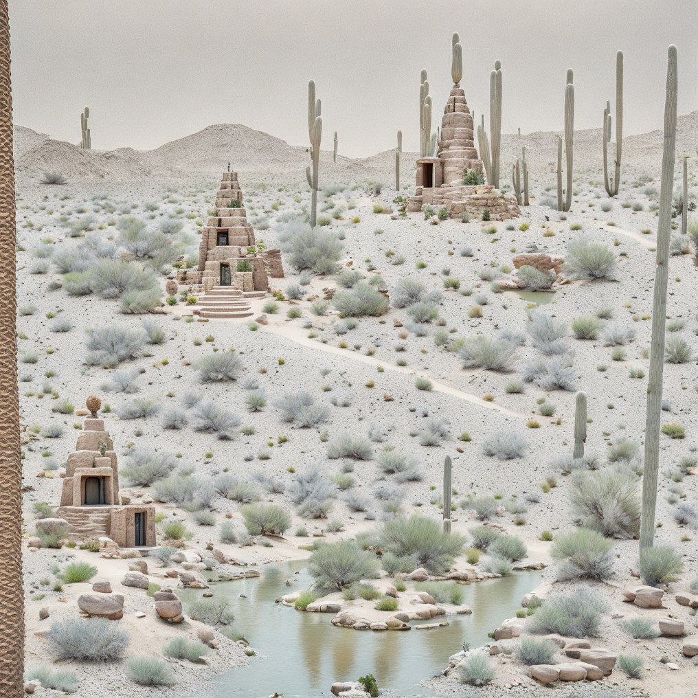 Surreal Desert Landscape with Pyramid Structures and Stream