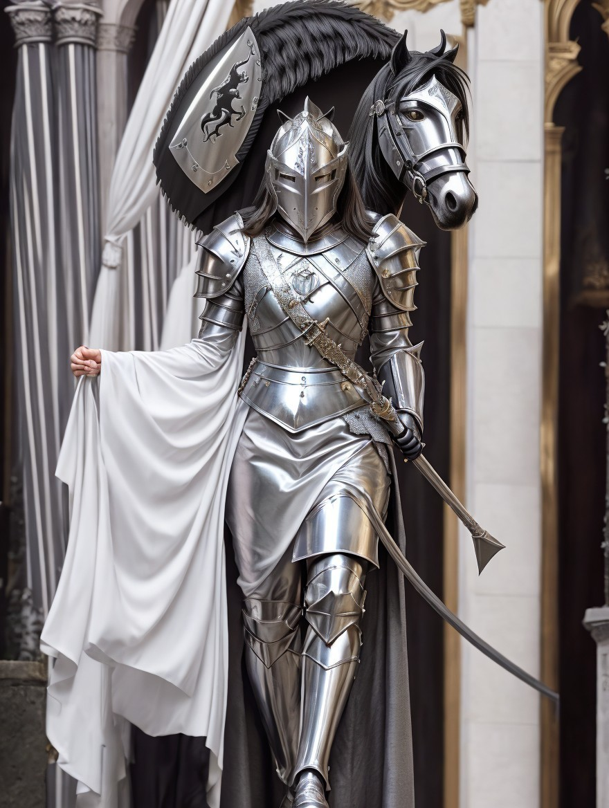 Knight in Silver Armor with White Cape and Horse Helmet