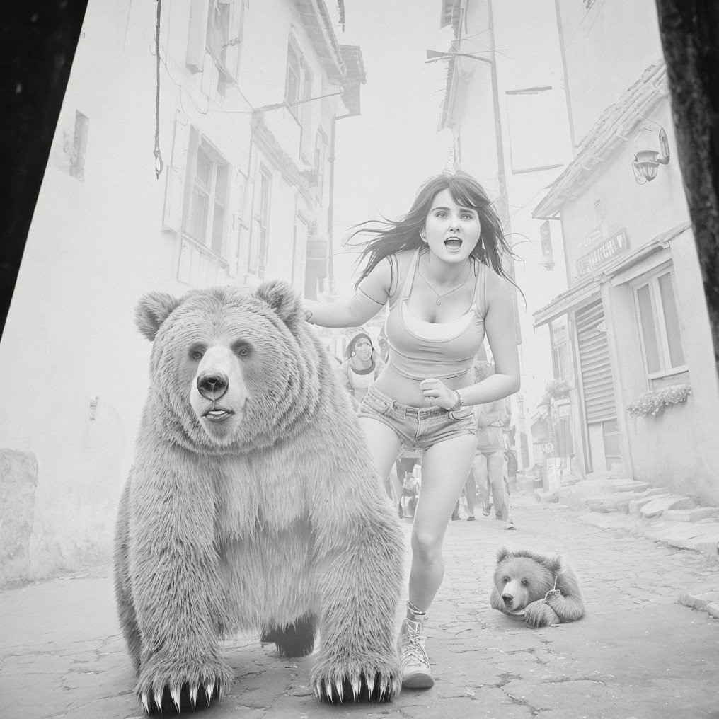 Young woman running with bears in old-town village