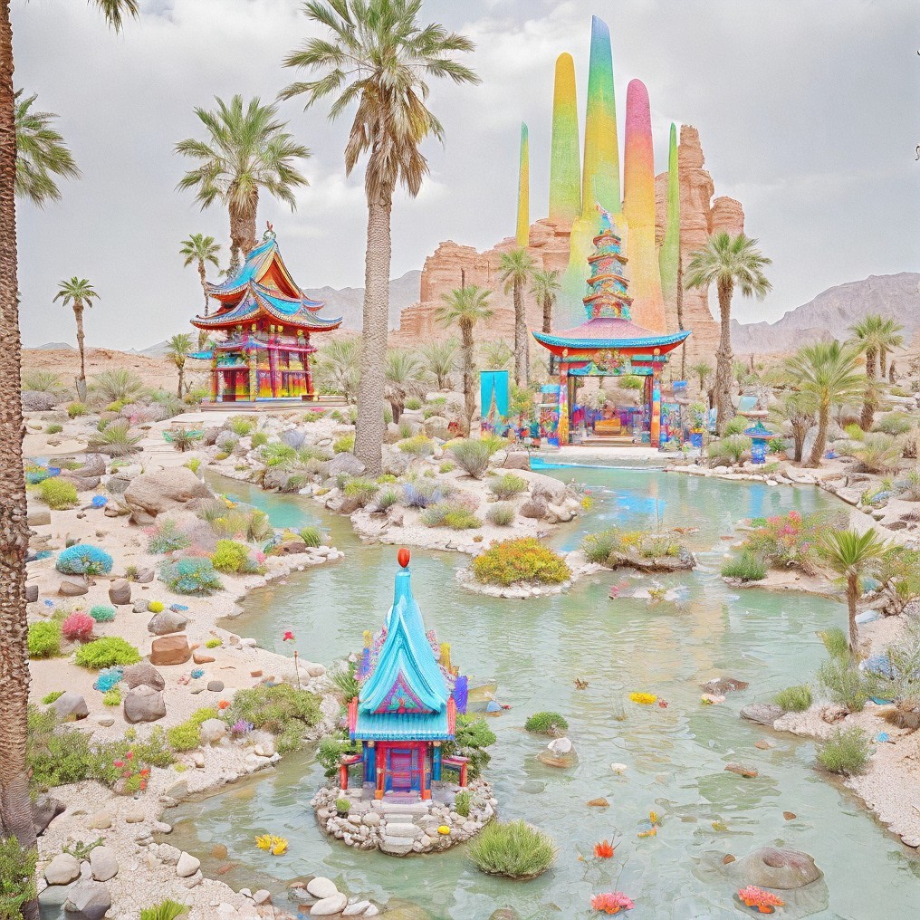 Vibrant Landscape with Pagodas and Rainbow Rock Formations