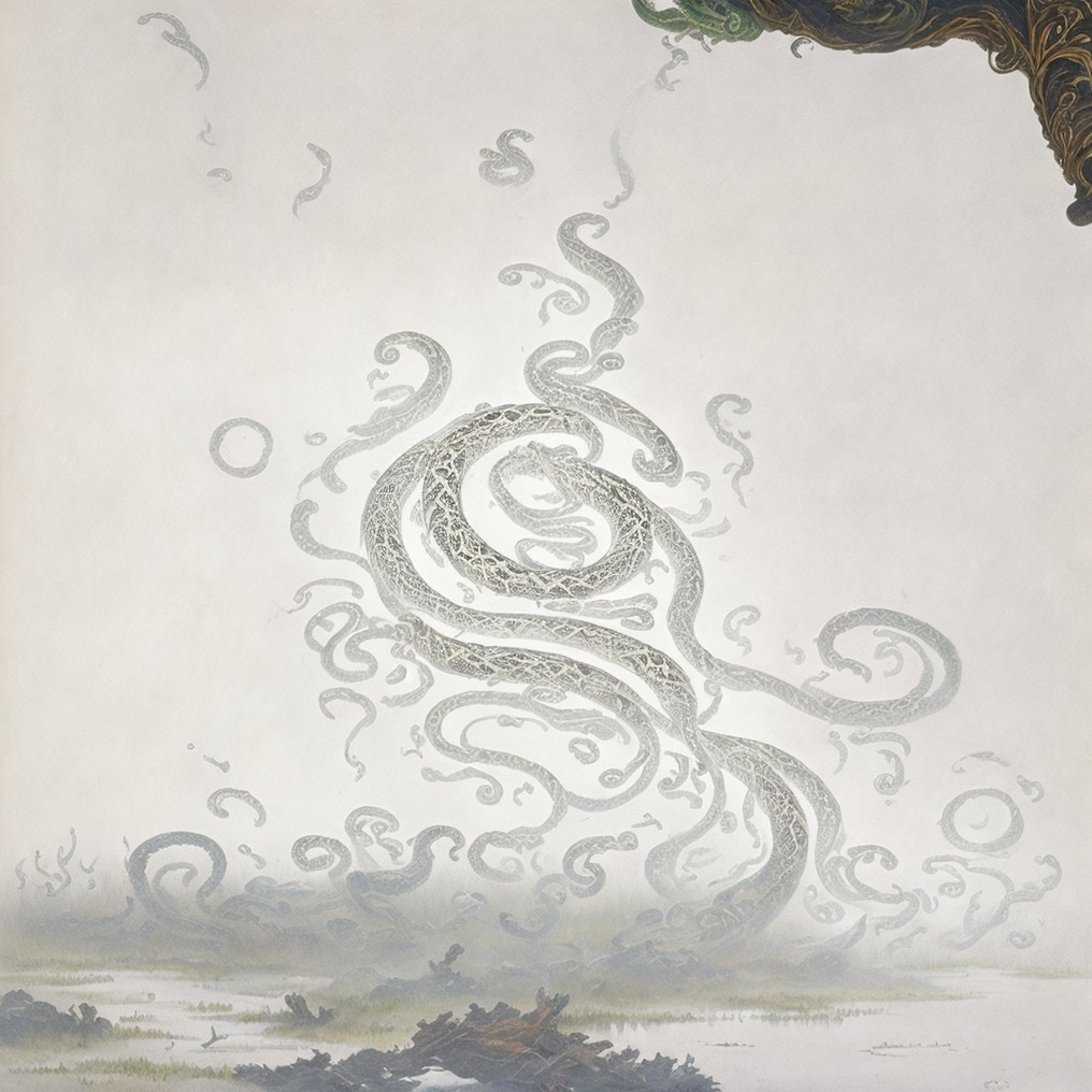 Surreal Scene of Translucent Serpents in Misty Landscape