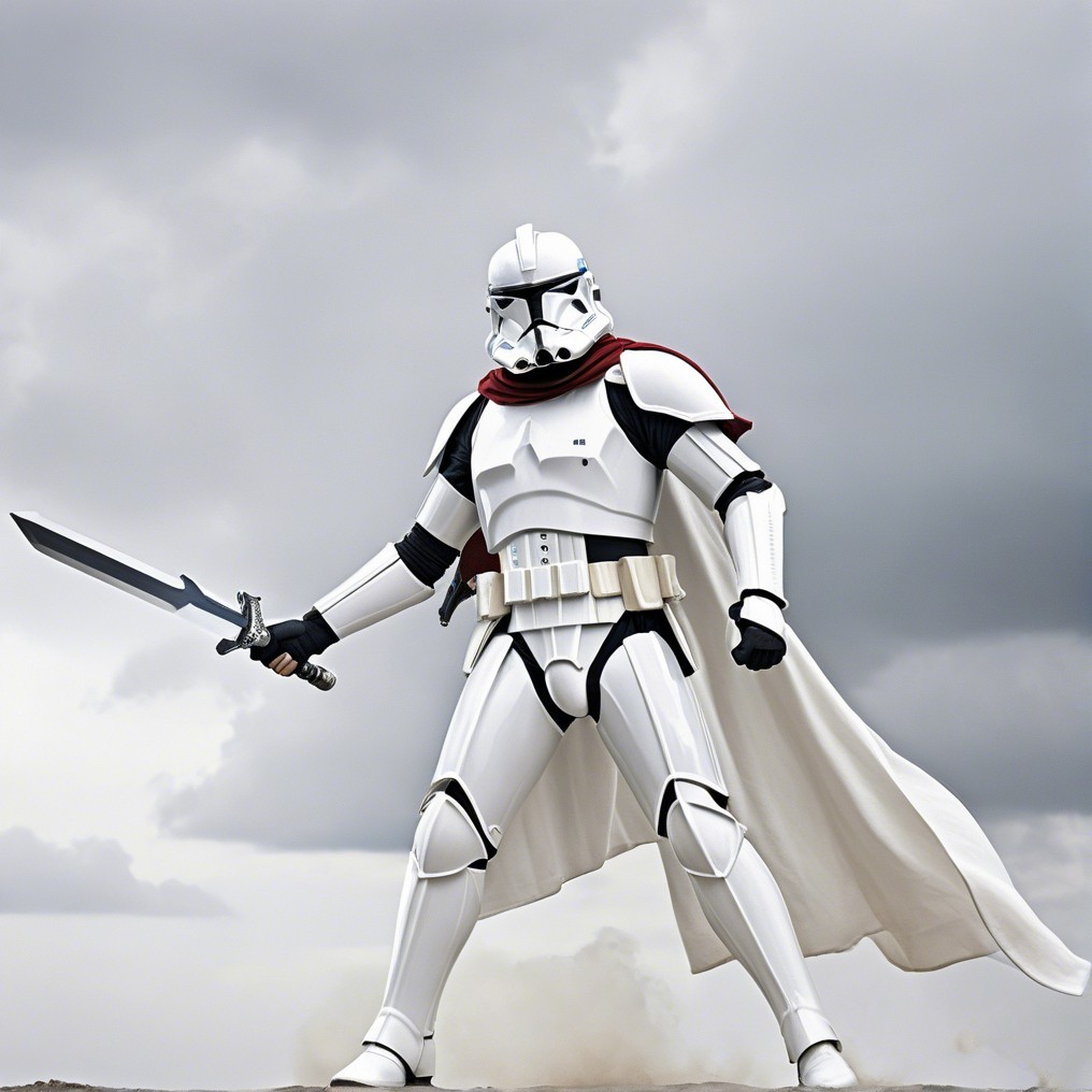 Futuristic warrior in white armor against stormy sky