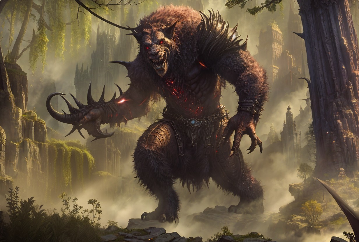 Towering Beast in Misty Forest with Ancient Ruins
