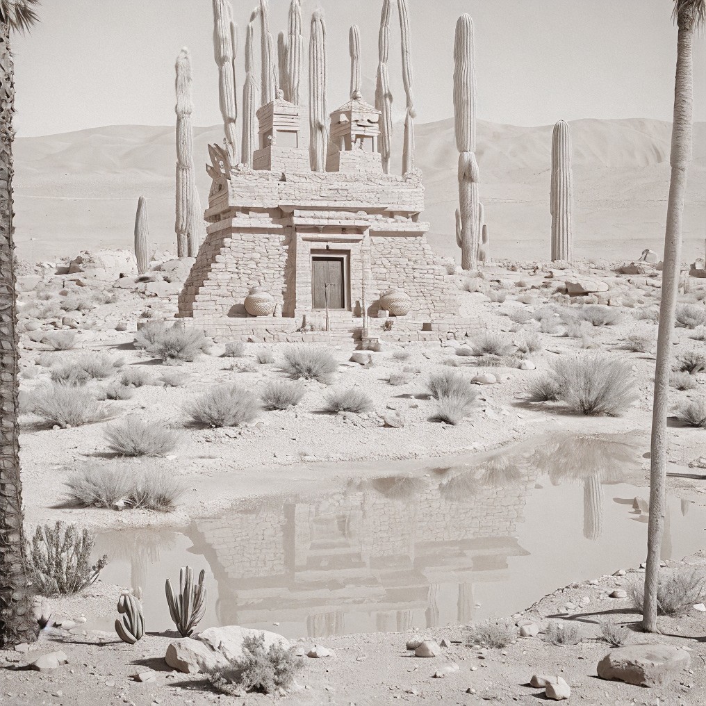 Desert Temple Structure Surrounded by Cacti and Pond